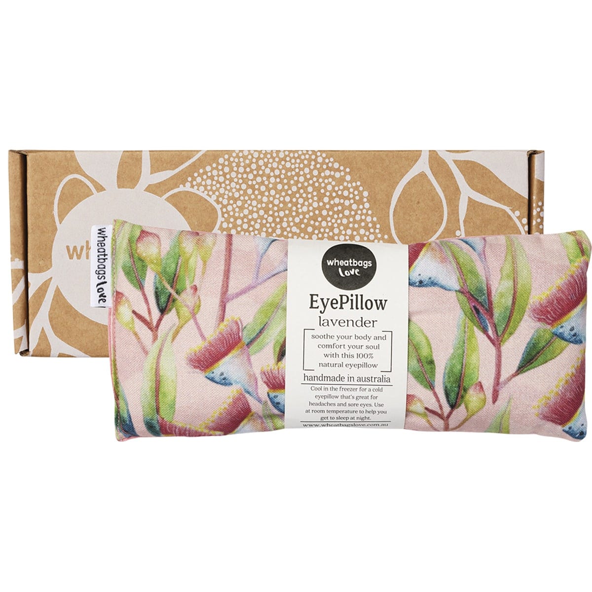 Gum blossom lavender eyepillow with a pink backing, shown both flat and folded inside its white gift box.