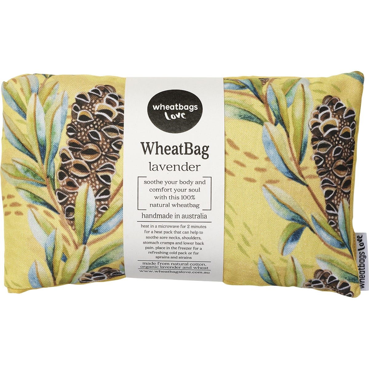 Lavender scented wheatbag featuring a Banksia Pod floral print on a white background.