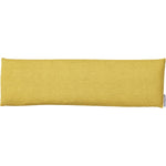 Back of Banksia Pod lavender wheatbag showing tumeric-colored fabric and product labels on a white background.