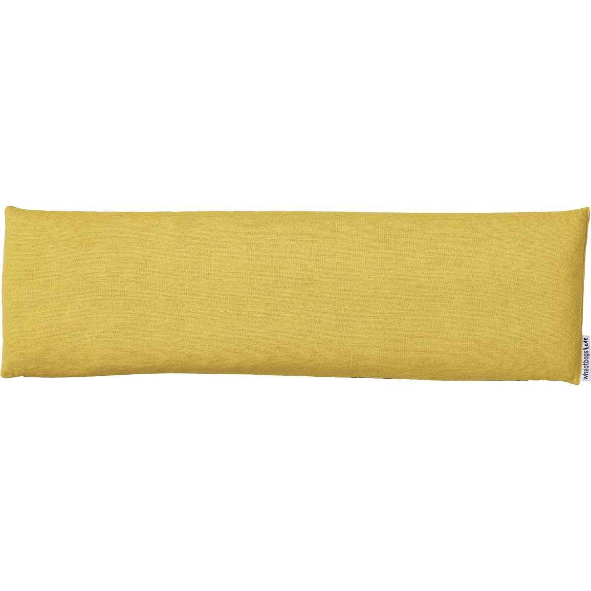 Back of Banksia Pod lavender wheatbag showing tumeric-colored fabric and product labels on a white background.