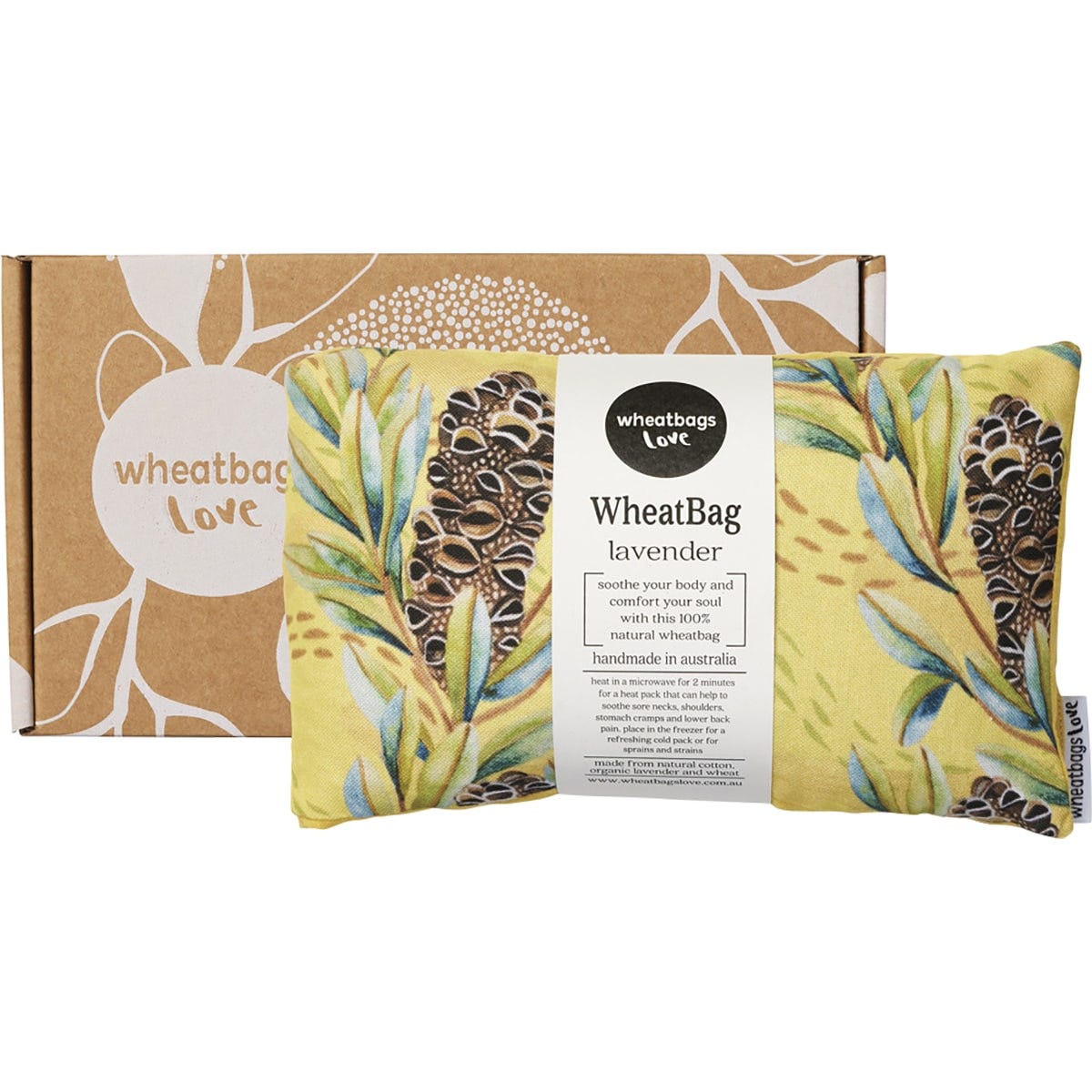 Lavender scented wheatbag with Banksia Pod floral print and tumeric back, shown with its matching gift box.