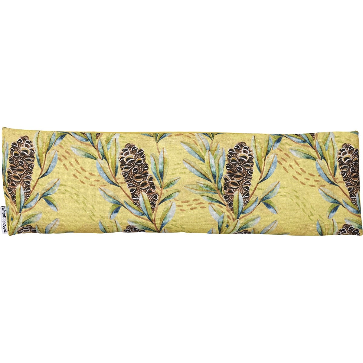Banksia Pod floral print lavender wheatbag resting inside its open gift box on a white background.