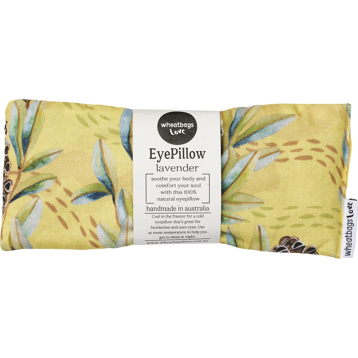Lavender scented Wheatbags Love eye pillow featuring a native Australian banksia pod print on a white background.
