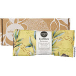 Lavender scented Wheatbags Love eye pillow with a banksia pod print, displayed both flat and inside its gift box.