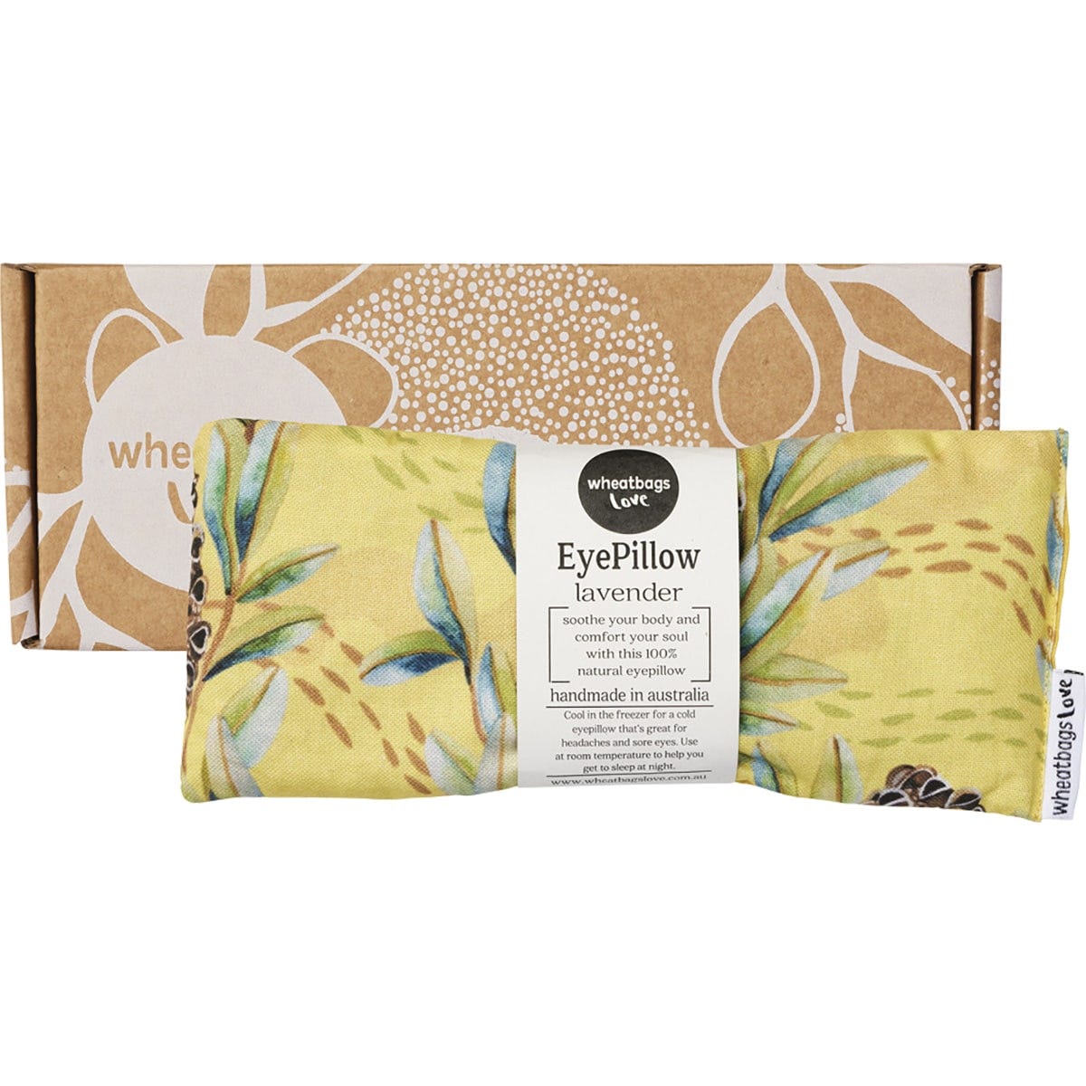 Lavender scented Wheatbags Love eye pillow with a banksia pod print, displayed both flat and inside its gift box.