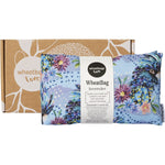 Lavender-scented wheatbag with a blue cockatoo and floral print, shown both flat and inside its matching gift box.