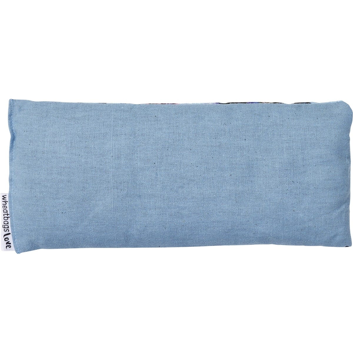 The back of a blue cockatoo lavender-scented eye pillow showing its soft blue cotton reverse.