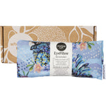 Lavender-scented eye pillow with a blue cockatoo and botanical print, shown with its matching gift box.