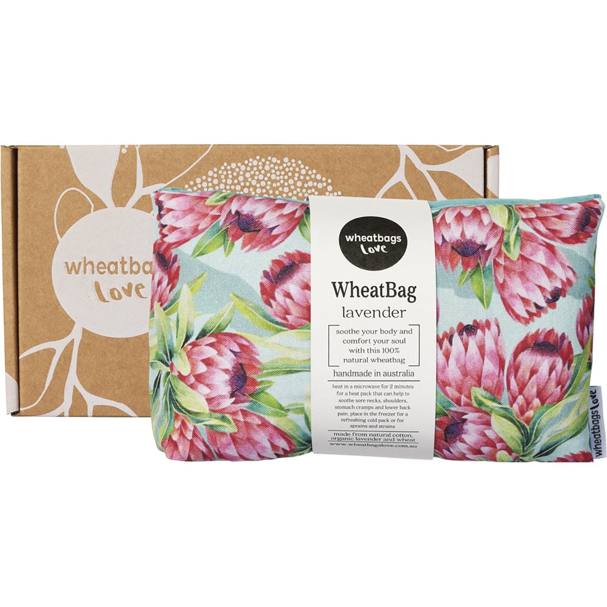 Wheatbags Love lavender-scented wheatbag with protea floral print and green back, shown with its matching gift box.