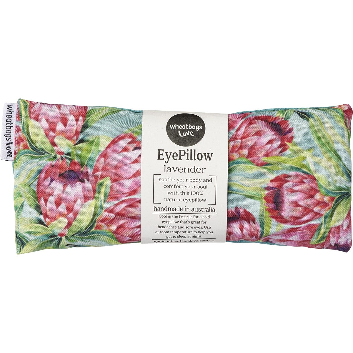 Lavender scented Wheatbags Love Protea eyepillow featuring a vibrant floral print on a white background.