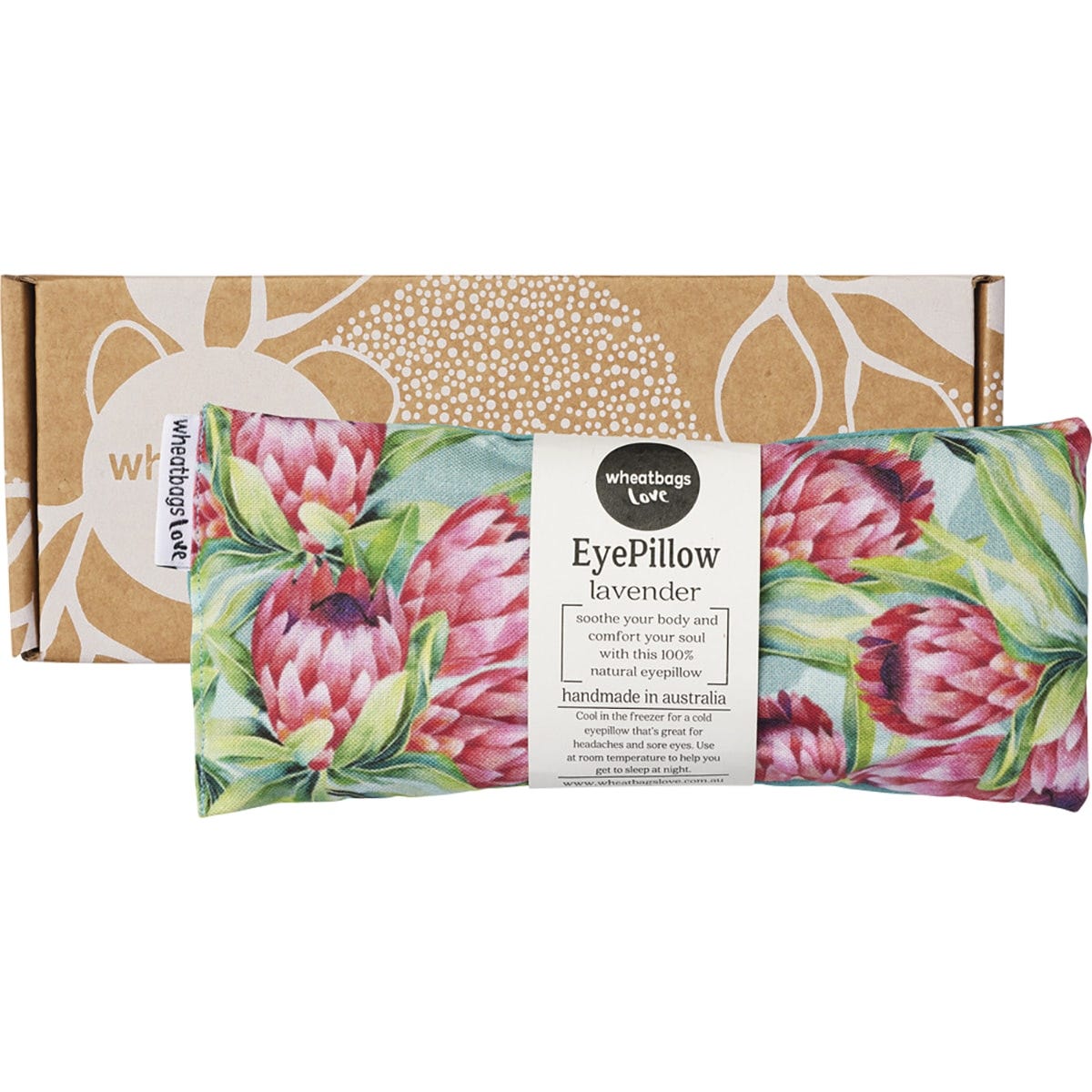 Wheatbags Love Protea eyepillow with lavender scent, featuring a floral print on one side and a gift box.