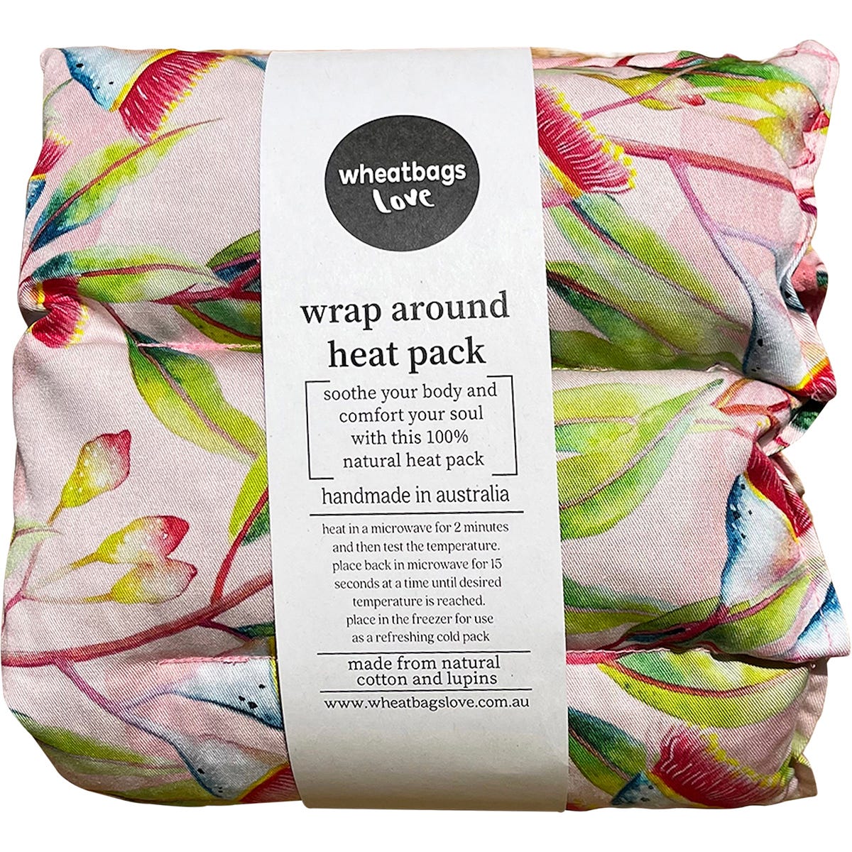 Wheatbags Love wrap-around heat pack in Gum Blossom floral print with adjustable cotton straps.