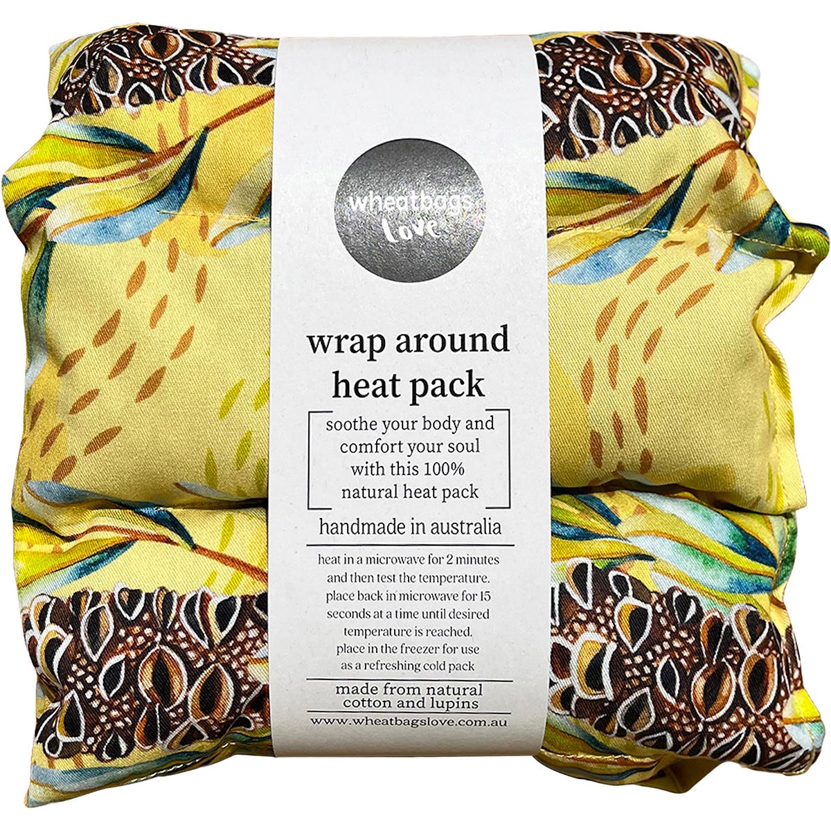 Wheatbags Love Wrap Around Heat/Cold Pack in Banksia Pod print with adjustable cotton straps and six lupin-filled channels.
