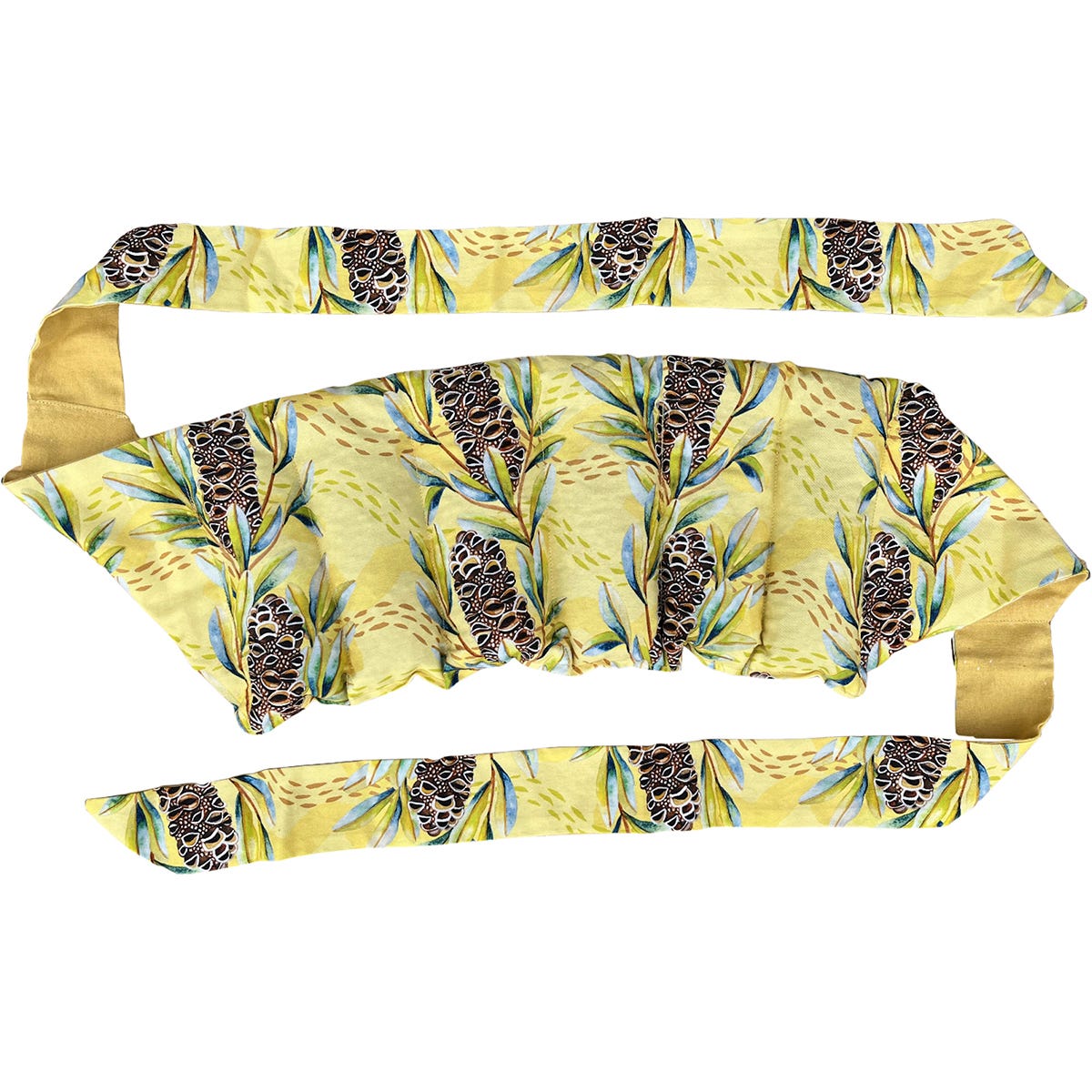 Wheatbags Love Banksia Pod wrap around heat pack with adjustable cotton straps and a native Australian seed pod print.