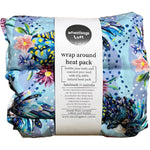 Blue Cockatoo print wrap-around heat pack with adjustable cotton straps for hands-free pain relief.