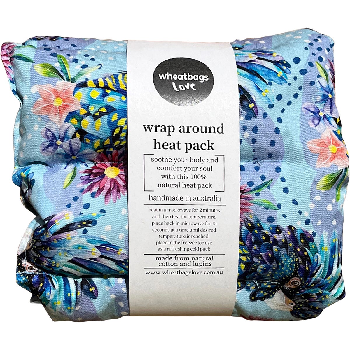 Blue Cockatoo print wrap-around heat pack with adjustable cotton straps for hands-free pain relief.