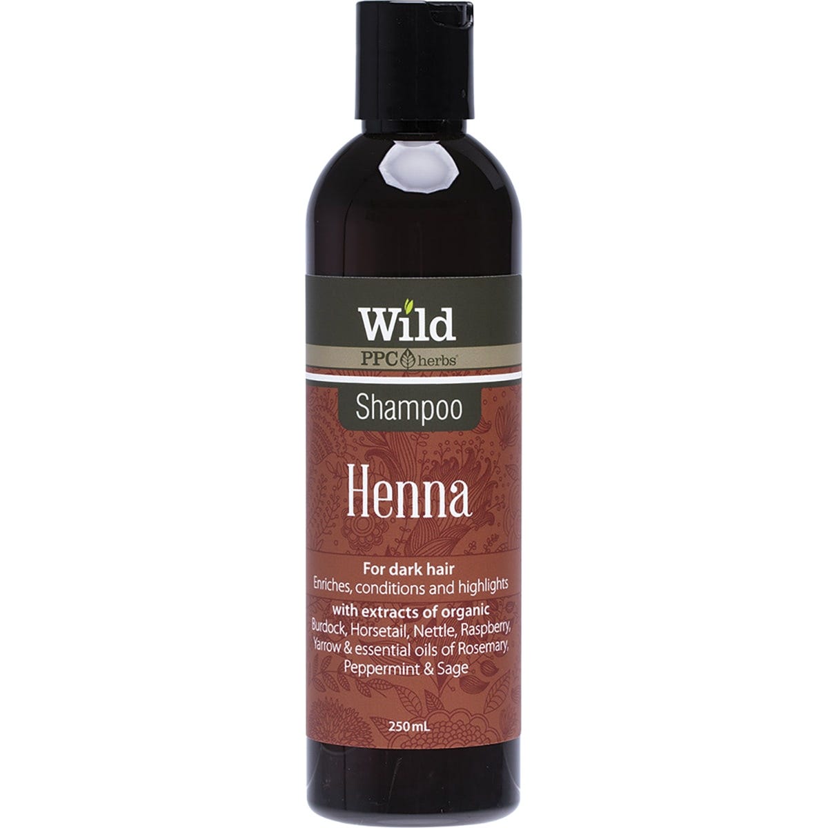 250ml bottle of Wild Henna Shampoo for dark hair, featuring a dark brown label with botanical leaf illustrations.