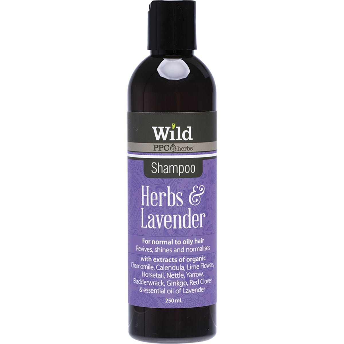 250ml bottle of Wild Herbs & Lavender Shampoo featuring a white label with purple lavender illustrations.