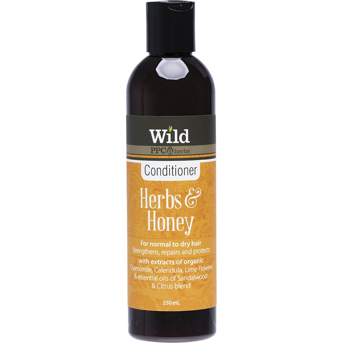 250ml bottle of Wild Herbs and Honey Conditioner with a black flip-top lid and a white botanical label.