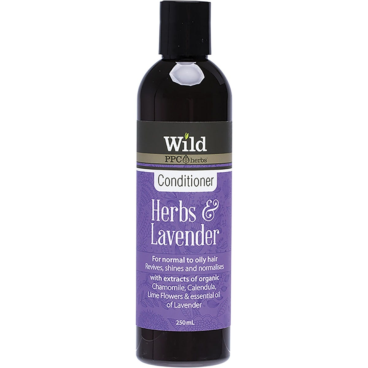 250ml bottle of Wild Herbs and Lavender Conditioner for normal to oily hair on a white background.