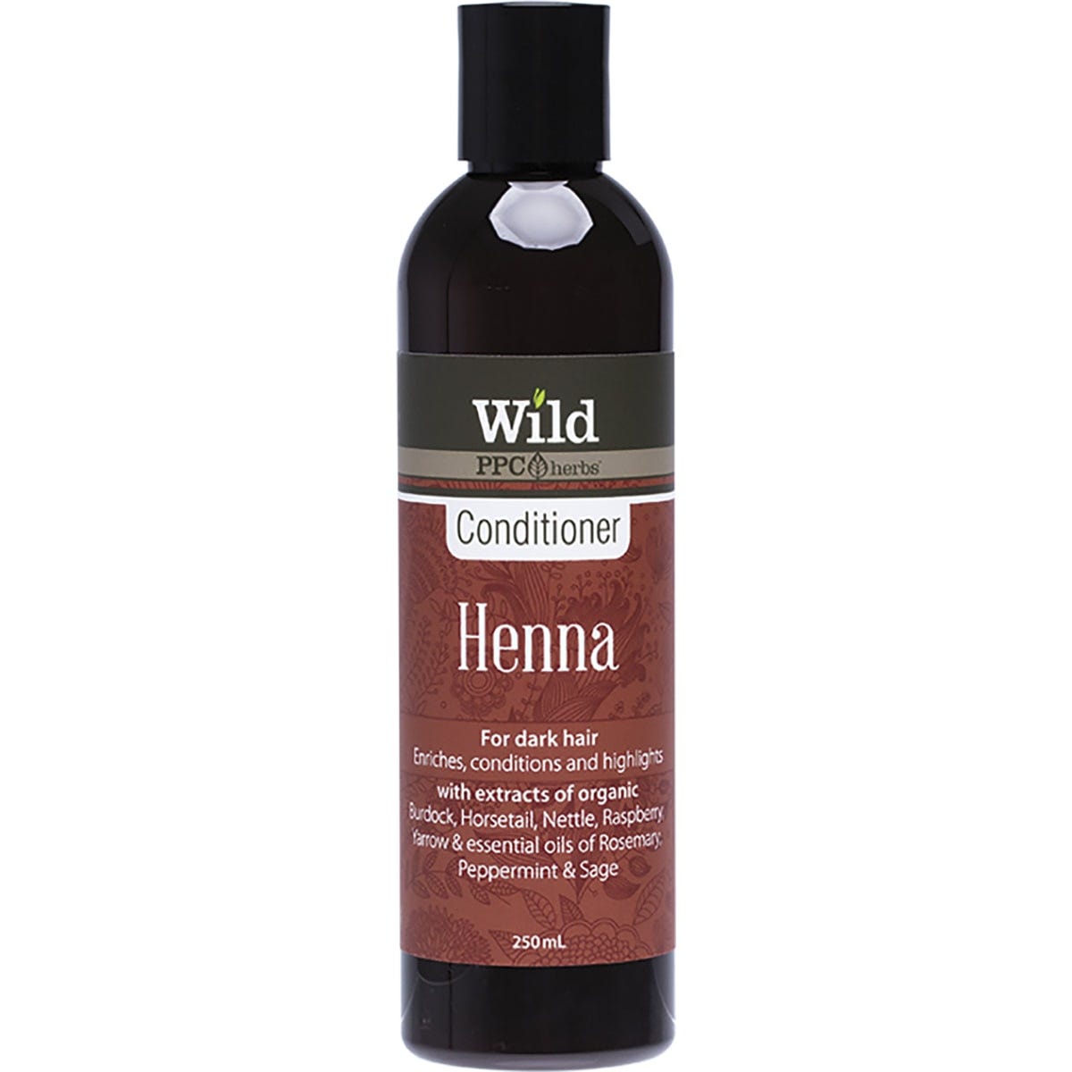 Wild Conditioner Henna 250ml white bottle with a green and brown label featuring botanical illustrations.