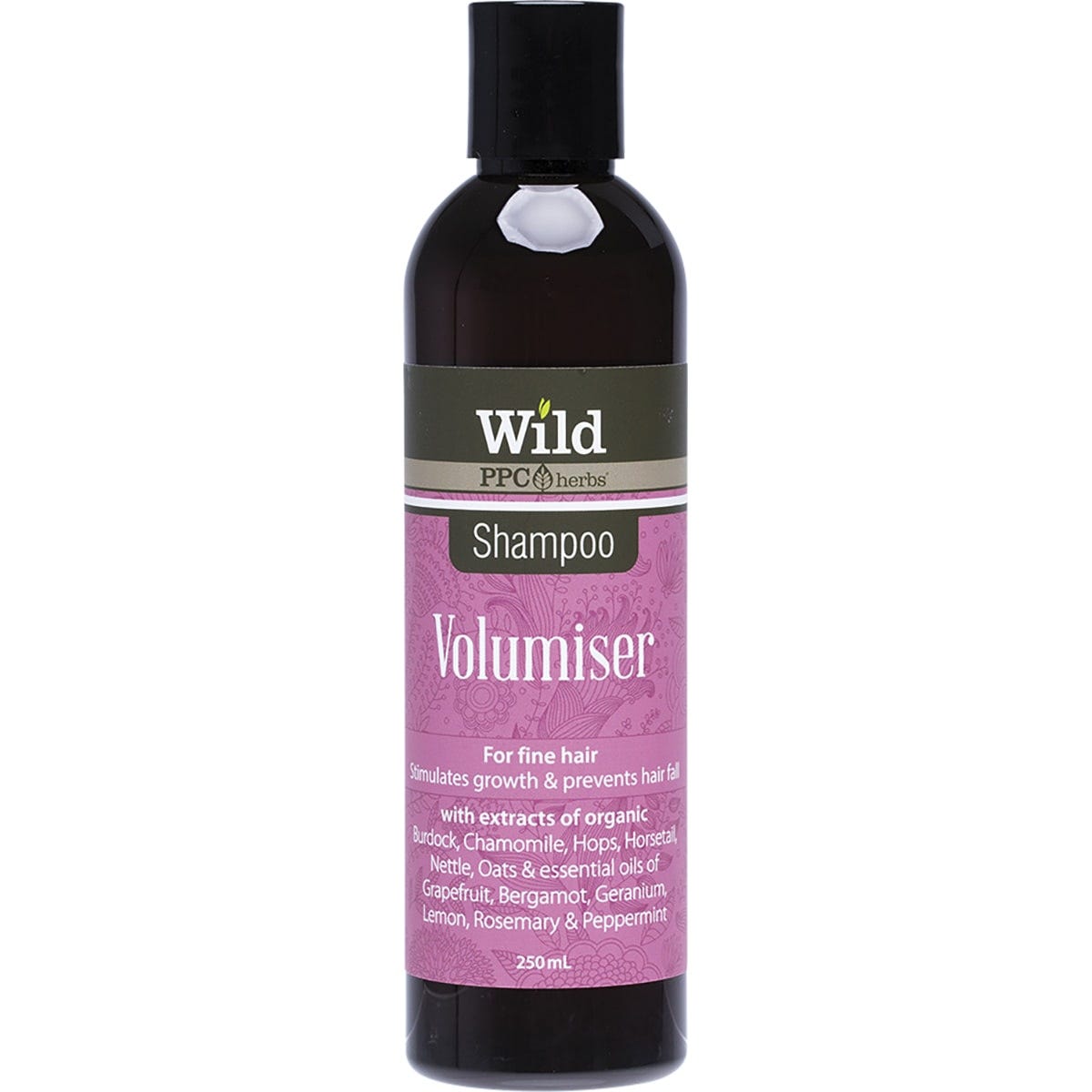 Wild Shampoo Volumiser 250ml white bottle with a green and white herbal label on a white background.