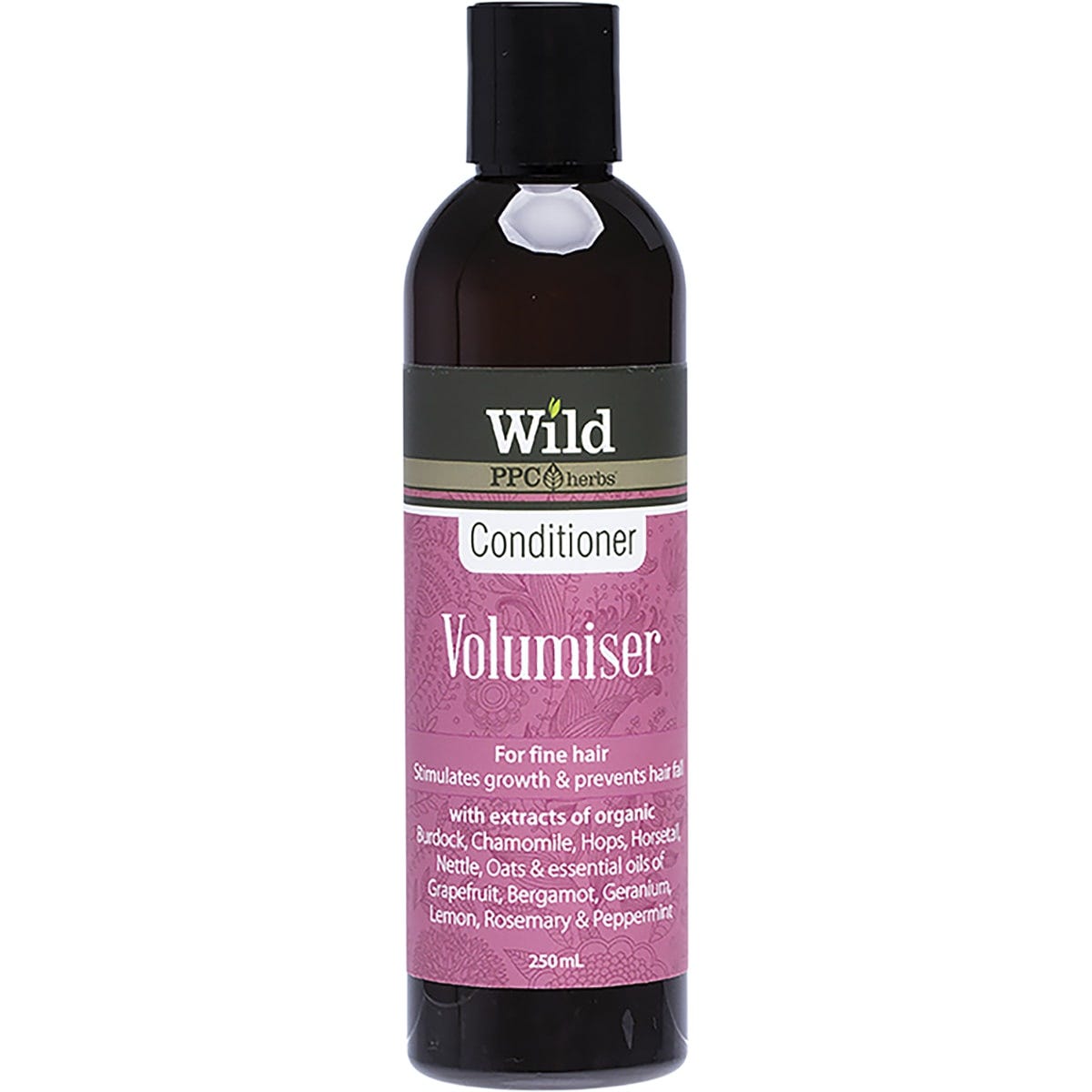 250ml bottle of Wild Volumiser Conditioner for fine hair, featuring organic herbal extracts and essential oils.