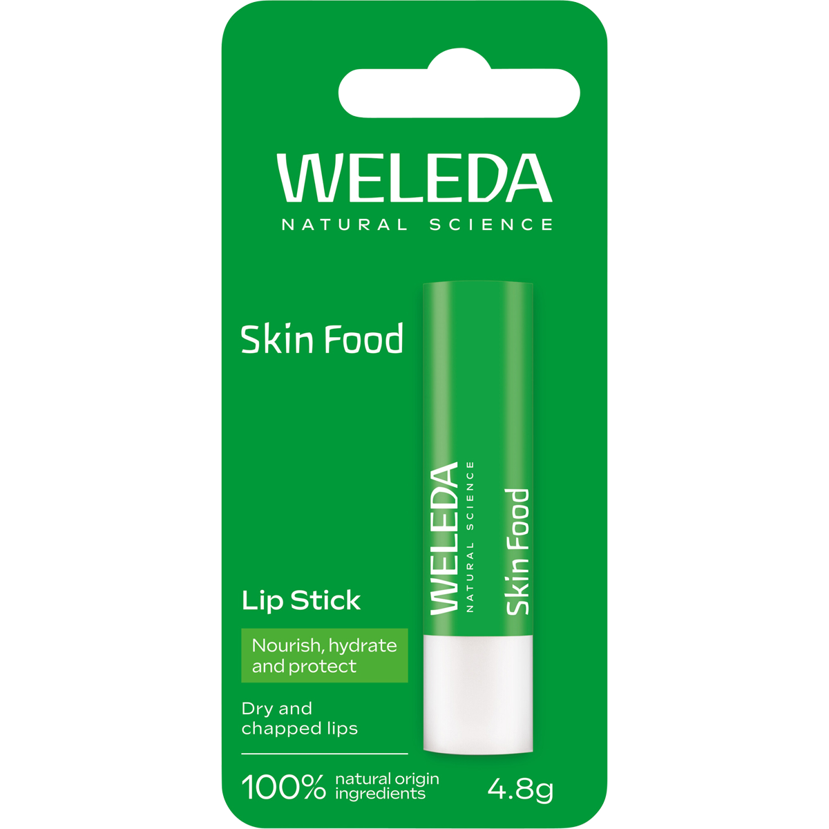 Green cardboard box for Weleda Skin Food Lip Balm featuring botanical illustrations of pansy and chamomile.
