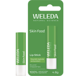 Weleda Skin Food Lip Balm stick and green cardboard packaging featuring botanical illustrations on a white background.