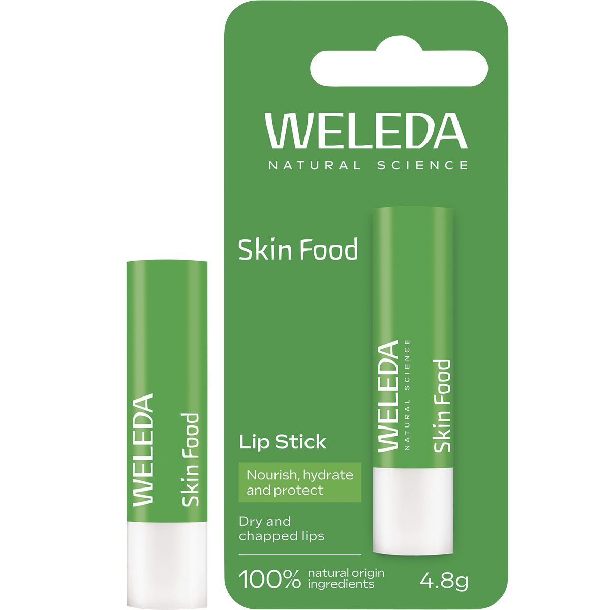 Weleda Skin Food Lip Balm stick and green cardboard packaging featuring botanical illustrations on a white background.