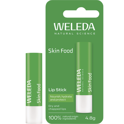Weleda Skin Food Lip Balm stick and green cardboard packaging featuring botanical illustrations on a white background.