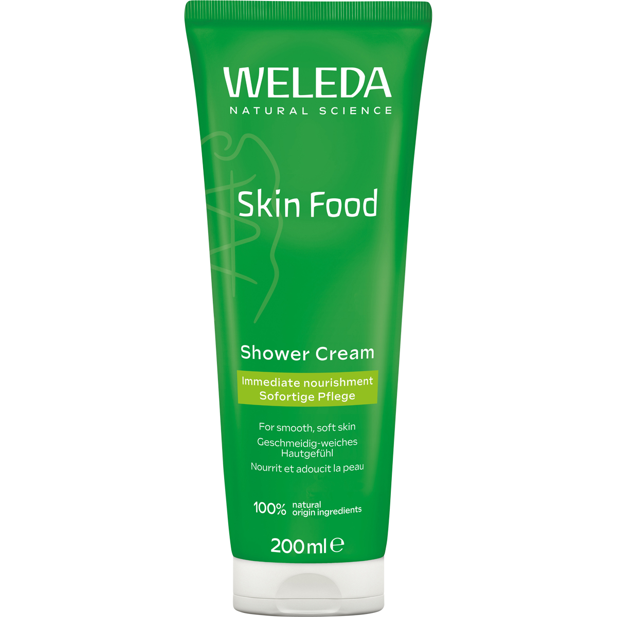 200ml tube of Weleda Skin Food Shower Cream with green packaging and a botanical leaf illustration.