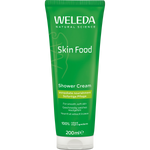 200ml tube of Weleda Skin Food Shower Cream with green packaging and a botanical leaf illustration.