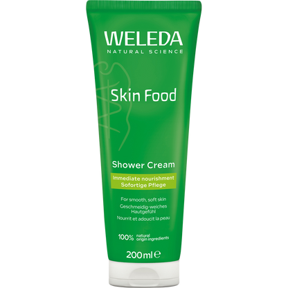 200ml tube of Weleda Skin Food Shower Cream with green packaging and a botanical leaf illustration.