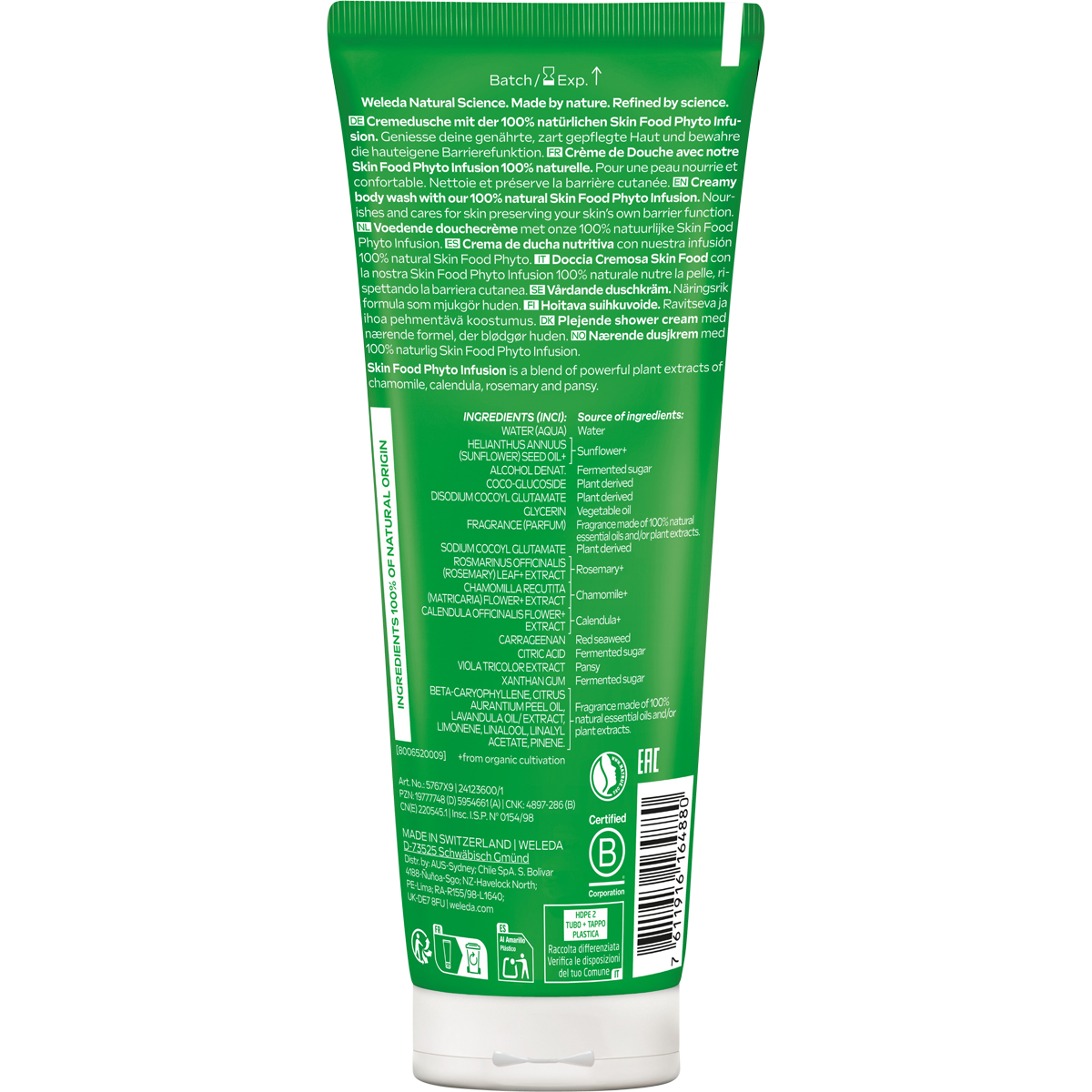 Back of 200ml Weleda Skin Food Shower Cream tube showing ingredients, benefits, and usage instructions.