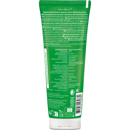 Back of 200ml Weleda Skin Food Shower Cream tube showing ingredients, benefits, and usage instructions.