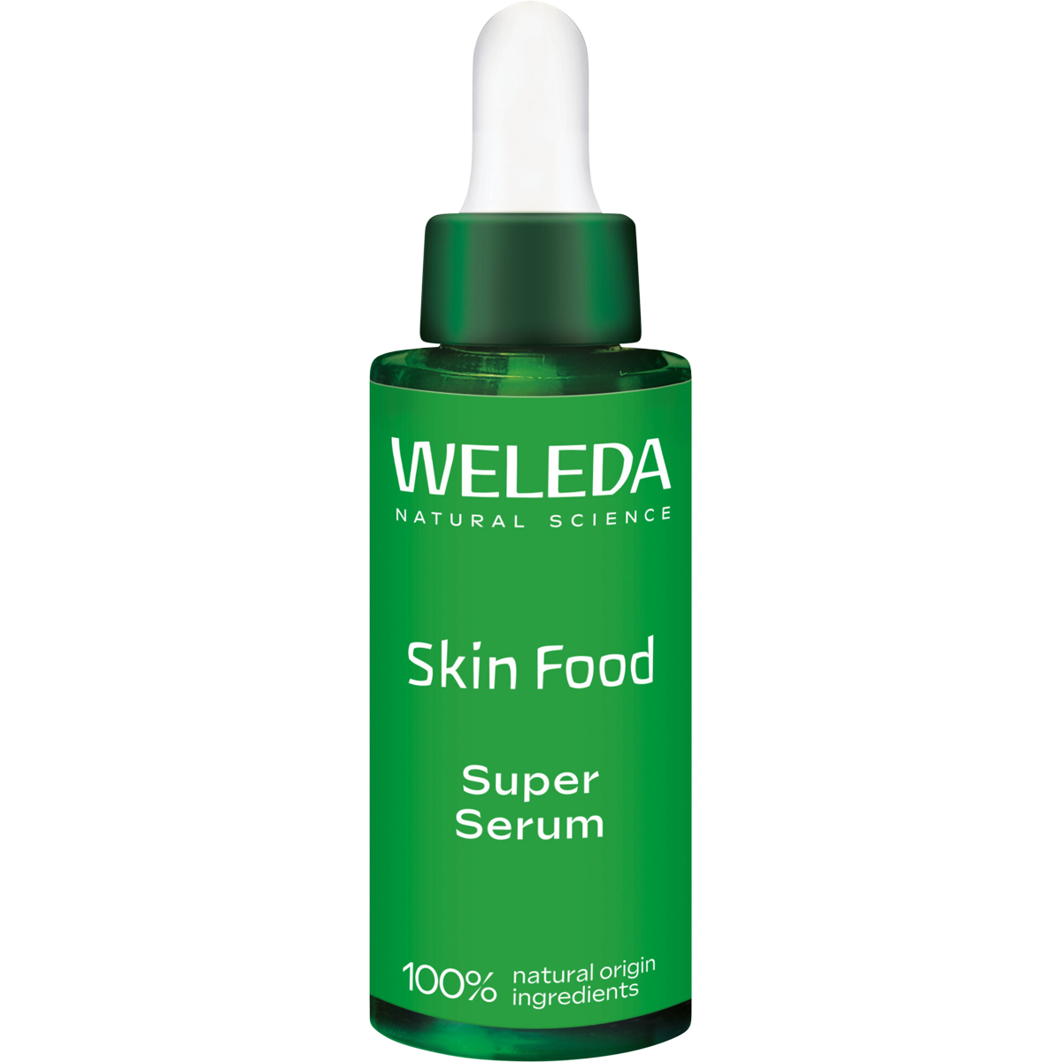 Weleda Skin Food Super Serum 30ml glass dropper bottle with a white and green label on a white background.