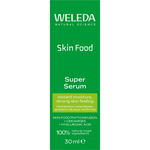 Green box of Weleda Skin Food Super Serum featuring botanical illustrations of pansies, chamomile, and rosemary.