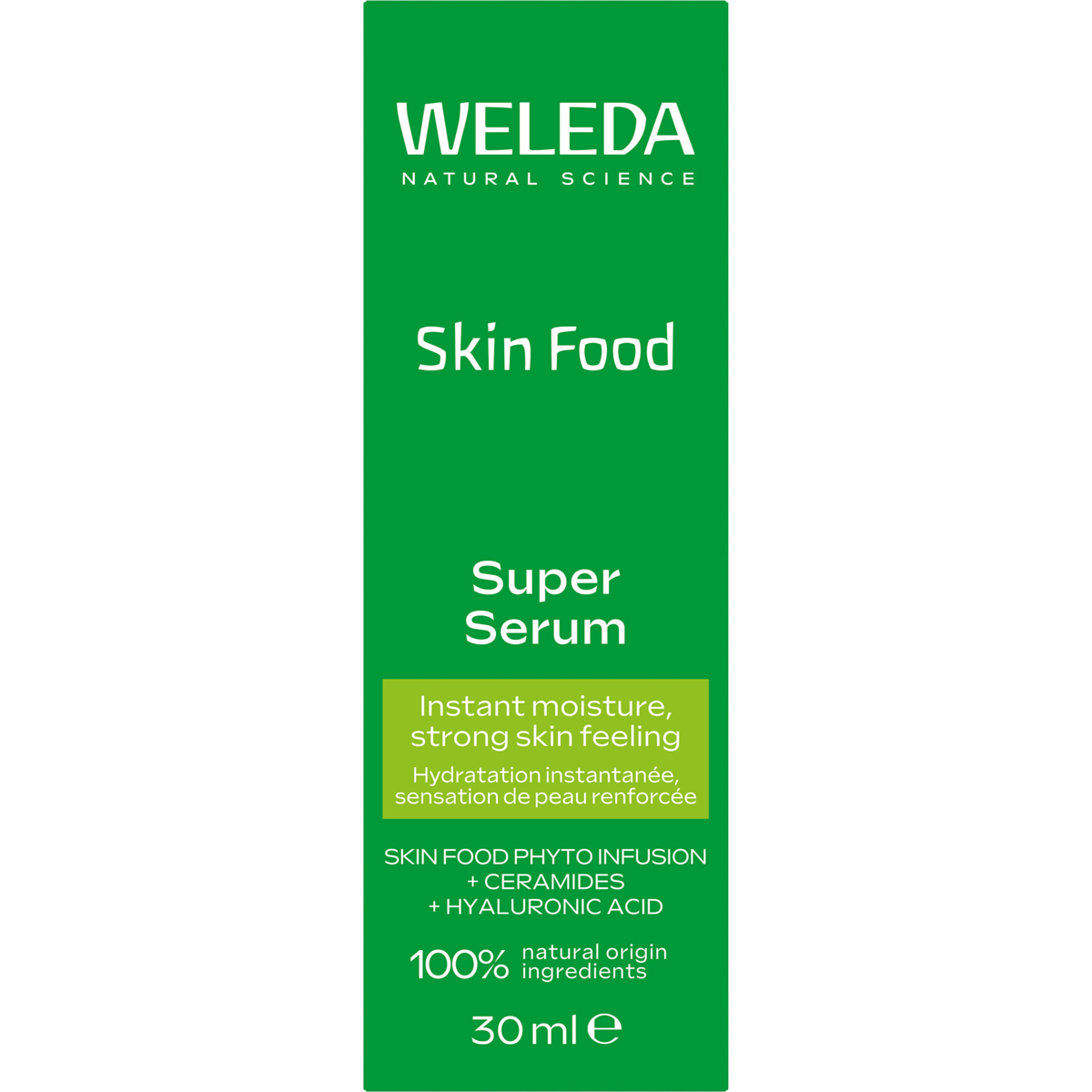 Green box of Weleda Skin Food Super Serum featuring botanical illustrations of pansies, chamomile, and rosemary.