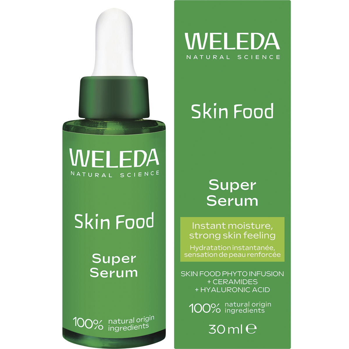 Weleda Skin Food Super Serum 30ml bottle and green packaging box with botanical illustrations on a white background.