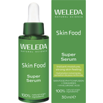 Weleda Skin Food Super Serum 30ml bottle and green packaging box with botanical illustrations on a white background.