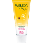 Weleda Baby Calendula Face Cream 50ml tube with orange flower illustrations on a white background.