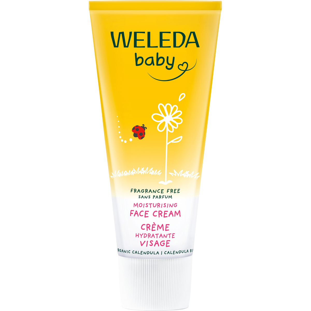 Weleda Baby Calendula Face Cream 50ml tube with orange flower illustrations on a white background.