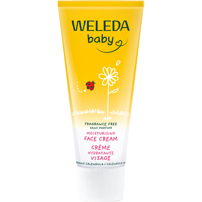 Weleda Baby Calendula Face Cream 50ml tube with orange flower illustrations on a white background.