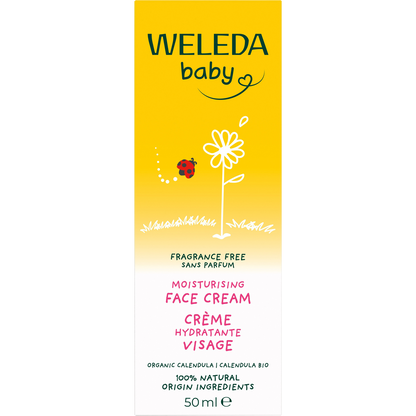 White box of Weleda Baby Calendula Face Cream with orange flower illustrations and a NATRUE certification seal.
