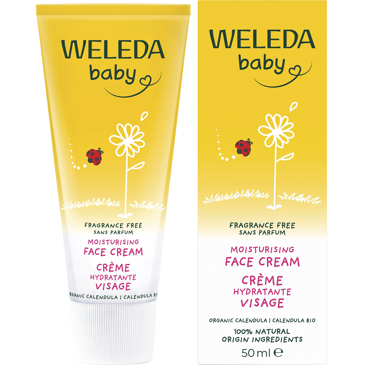 Weleda Baby Calendula Face Cream 50ml tube and box set featuring orange flower illustrations on a white background.