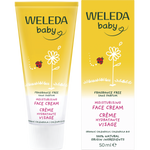 Weleda Baby Calendula Face Cream 50ml tube and box set featuring orange flower illustrations on a white background.
