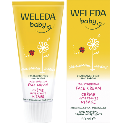 Weleda Baby Calendula Face Cream 50ml tube and box set featuring orange flower illustrations on a white background.