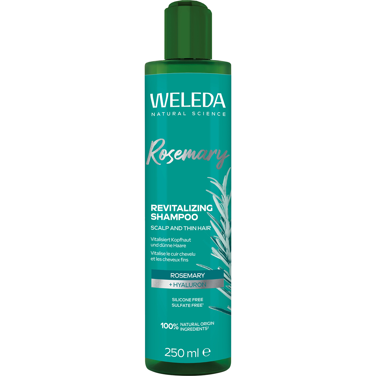 White 250ml bottle of Weleda Revitalizing Shampoo Rosemary with a green label featuring rosemary sprigs.