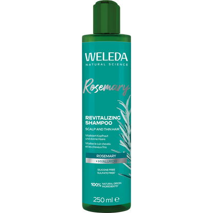 White 250ml bottle of Weleda Revitalizing Shampoo Rosemary with a green label featuring rosemary sprigs.